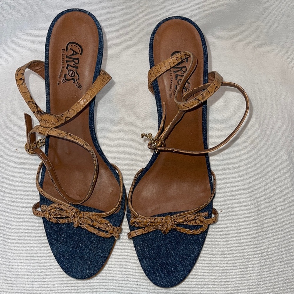 Carlos by Carlos Santana Blue Denim/ Tan Leather Dangler 4”Heeled Sandals